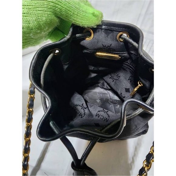 Authentic MCM Vintage Nylon Visetos Chain Bucket Drawstring Bag Black - Picture 10 of 13